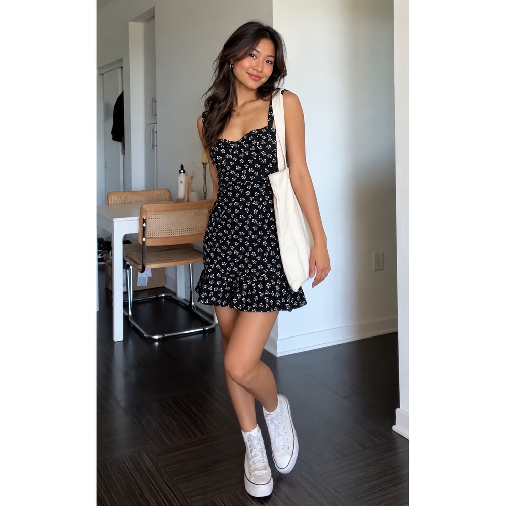 Hutch Anthropologie NWT XS Black Floral Mini Dress Cottagecore Boho Ruffle